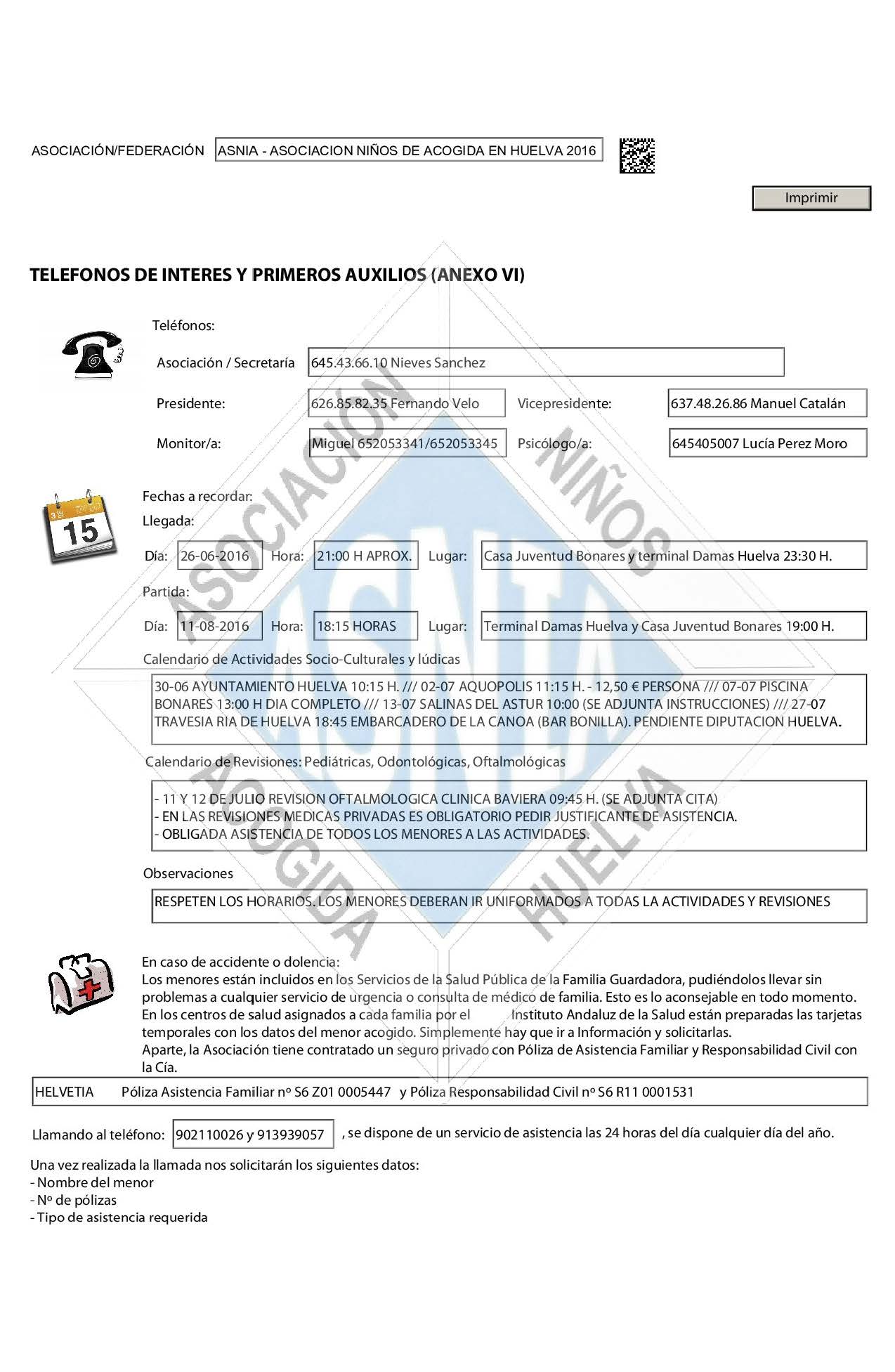 CALENDARIO DE ACTIVIDADES Y TLF. DEINTERES
